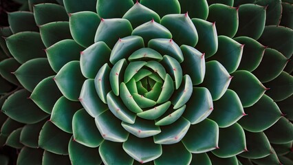 Lush green succulent viewed from above with intricate layered leaves radiating in a circular pattern ideal for wallpaper or background design.