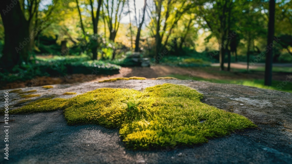Poster lush green moss blankets a textured stone surface with dappled sunlight filtering through trees in a