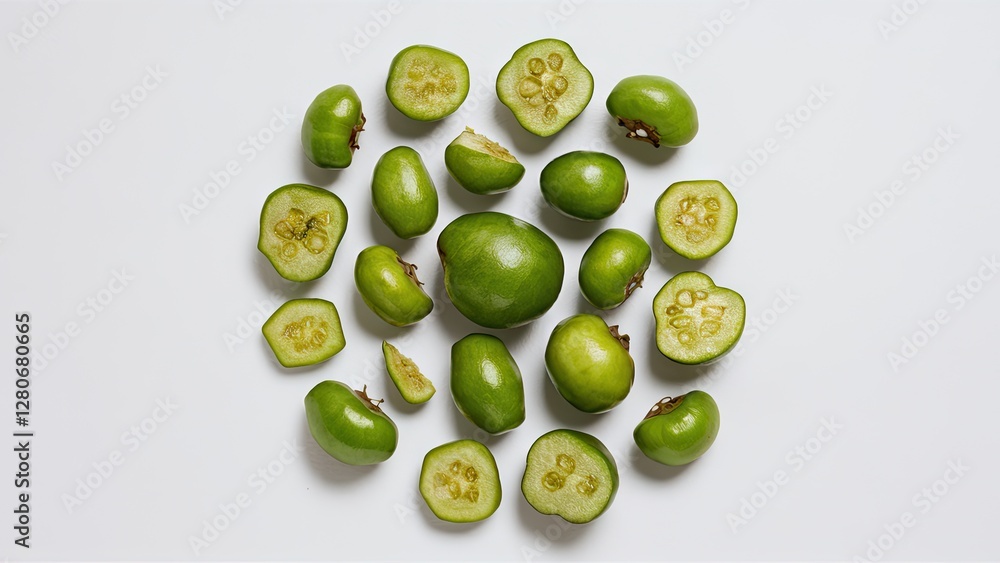 Poster Sliced green amla fruits arranged on a white background showcasing round and oval shapes with visible seeds and textures in various positions