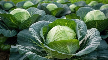 Fototapeta premium Vibrant green cabbages in lush rows featured prominently with deep green leaves in a scenic garden setting under bright daylight conditions.
