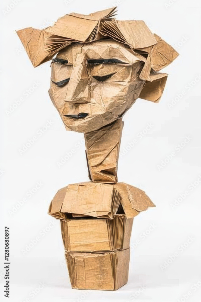 Poster explore the intriguing fusion of modern sculpture and tradition through unique paper art representin