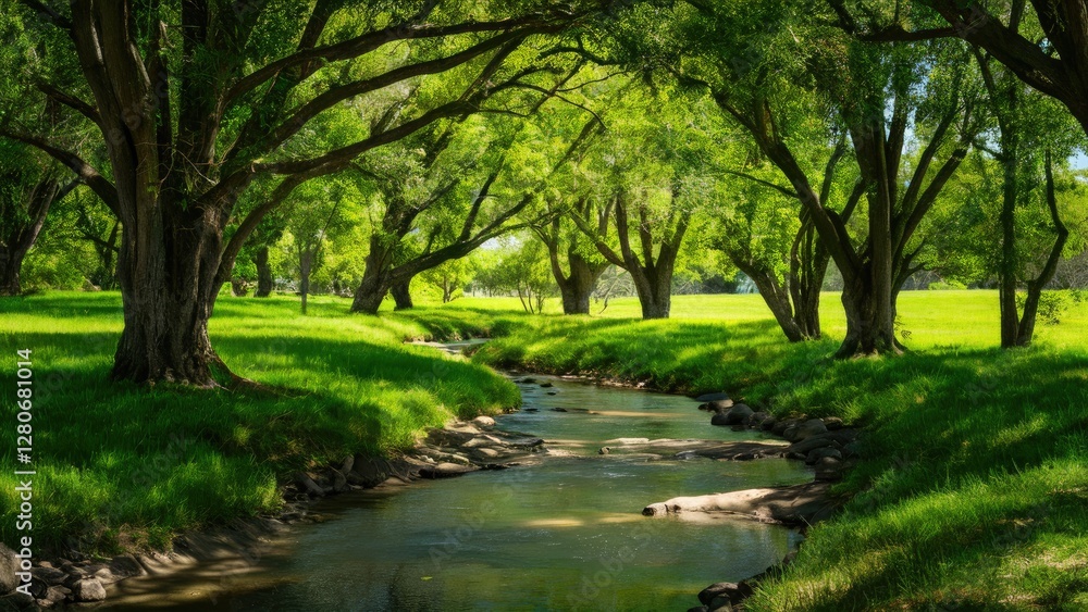 Poster serene stream flowing through lush green landscape with dappled sunlight filtering through tall tree