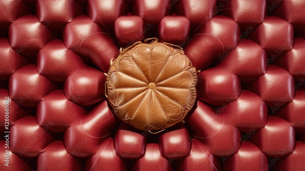 Aufkleber leather cushion centered on deep red upholstered background featuring rounded tufted elements, showc