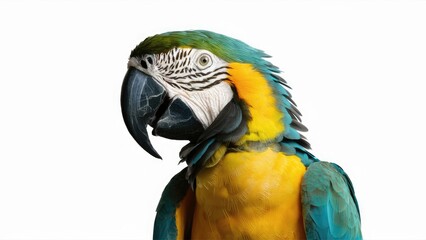Vibrant macaw bird with blue and yellow feathers positioned centrally against a clean white background showcasing intricate details of plumage.