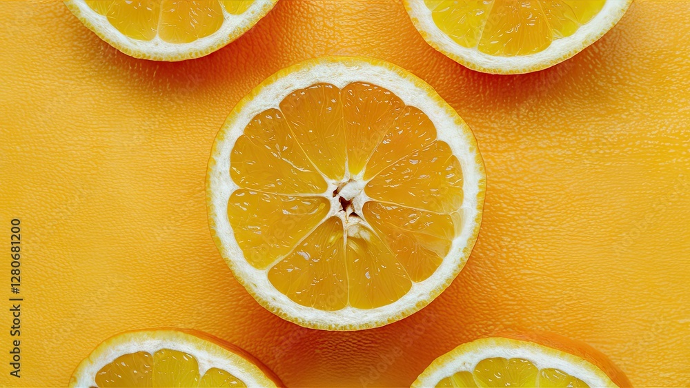 Poster sliced orange on textured yellow background with circular pattern, showcasing vibrant orange color a