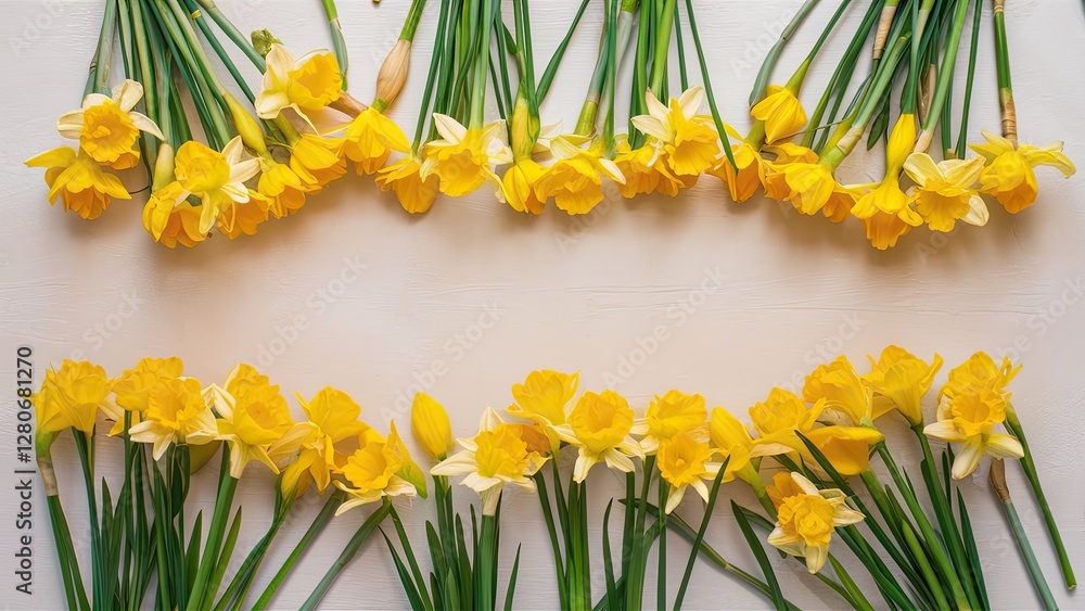 Poster bright yellow daffodils arranged symmetrically on a white table, creating a vibrant springtime backd