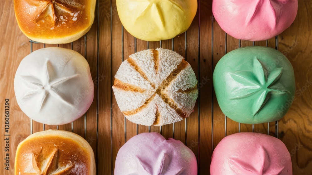 Poster pastel colored soft fluffy japanese bun bread arranged in a grid pattern with natural wooden backgro