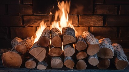 Cozy fireplace scene with stacked logs in vibrant browns and warm orange flames against a dark stone backdrop suitable for various designs.