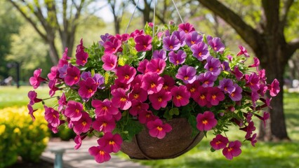 Hanging basket filled with vibrant pink and purple pansies in a sunny park setting with green trees in the background and soft bokeh effect.