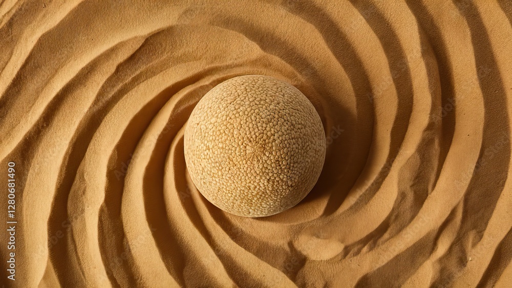 Poster Top view of a textured golden sand landscape featuring a central spherical element surrounded by swirling patterns in soft, warm tones.