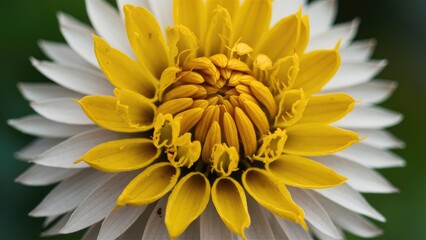Close-up macro shot of a vibrant manuka flower Leptospermum scoparium featuring yellow stamens surrounded by white petals against a blurred green background