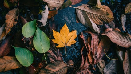 Autumn leaves in varying shades of green yellow and brown rest on a riverbank with a blue water background creating a serene natural composition