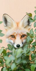 Fototapeta premium Closeup Red Fox Face Behind Green Leaves On Peach Background Wildlife Portrait