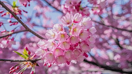 Delicate pink cherry blossoms cluster against a soft blue sky, vibrant green leaves subtly framing the scene, capturing spring's beauty in closeup.
