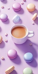 Obraz premium Pastel Colored Macarons and Coffee Cup on Lavender Surface with Soft Shadows and Minimalistic Style