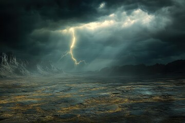 Dramatic lightning strike illuminates a barren landscape under dark storm clouds