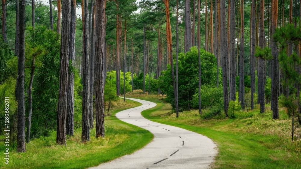 Poster winding white path through a lush green pine forest with tall trees on either side creating a serene