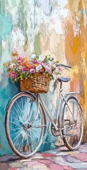 Fototapeta premium Vintage White Bicycle with Flower Basket Against Colorful Textured Wall for Artistic Decor Use