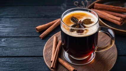Mulled dark beer in a glass mug garnished with spices on a wooden plate with cinnamon sticks arranged around it against a dark wood backdrop