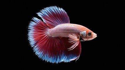 Fototapeta premium Elegant Halfmoon Betta fish with vibrant red and blue fins gracefully swimming against a dark backdrop, showcasing its stunning beauty and movement.