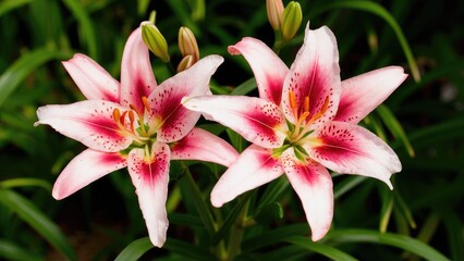 Fototapeta premium Pink and white lilies in full bloom with green leaves in background showcasing vibrant colors and intricate petal details.