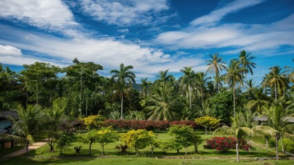Fototapeta premium Lush tropical landscape featuring vibrant green palm trees and colorful flowering shrubs under a blue sky with white clouds in a serene garden setting.