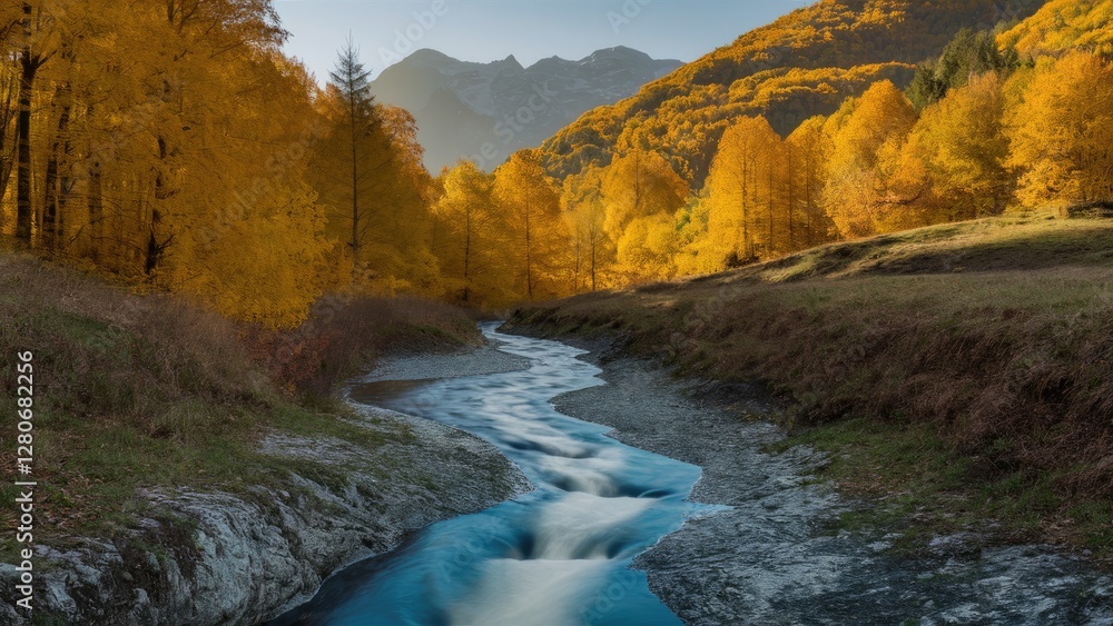 Poster autumn river flowing through golden trees and mountains with a soft mist in the background under a c