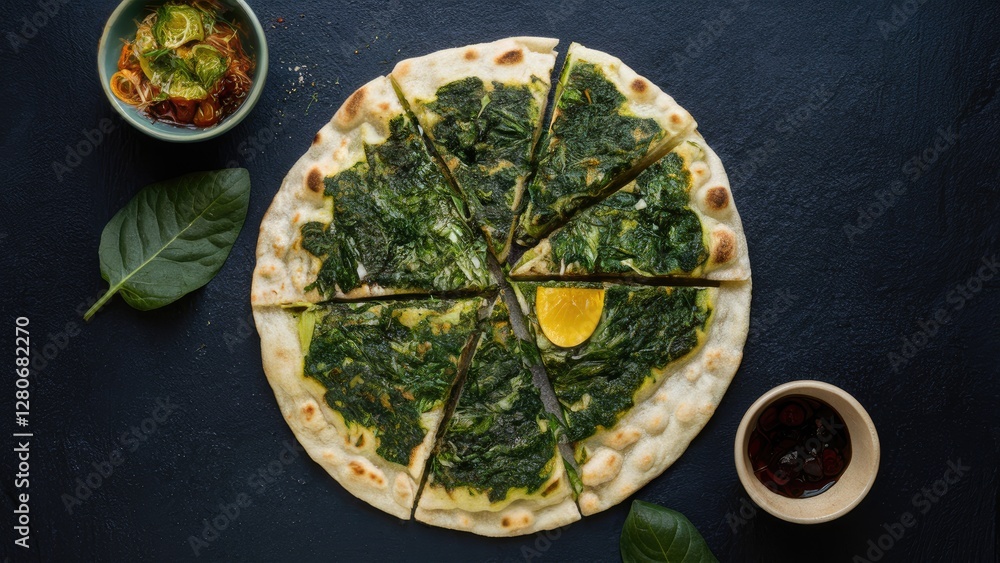 Poster veggie packed flatbread topped with vibrant green spinach arranged in a circular pattern with a yell
