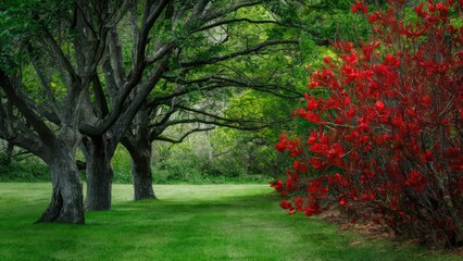 Naklejka premium Lush green landscape with dark branched trees on the left and vibrant red viburnum bushes on the right against a soft blurred background.
