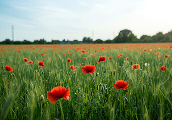 Fototapeta premium Bright red poppies blooming in lush green meadow. Vibrant wildflowers symbolize nature beauty, spring, peaceful countryside landscapes