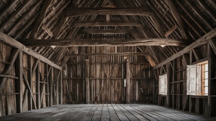 Rustic barn interior featuring aged wooden beams in earthy tones with a spacious wooden floor and open windows allowing natural light