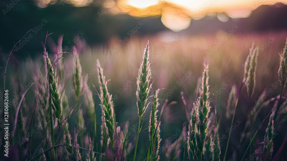 Poster soft bokeh effect on tall grass in a vibrant sunset background with pink and green hues creating a t