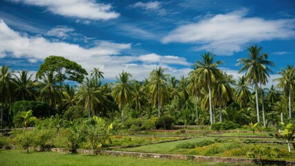 Obraz premium Lush tropical landscape with vibrant green palm trees under a bright blue sky with scattered clouds, featuring a serene garden setting in foreground.