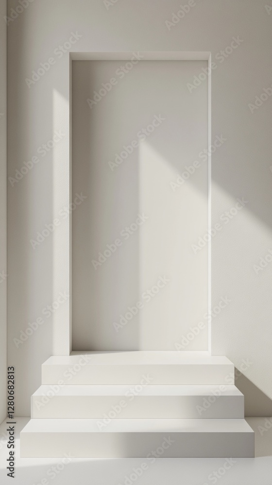 Poster minimalist white steps modern interior design background empty room three steps sunlight shadow ligh