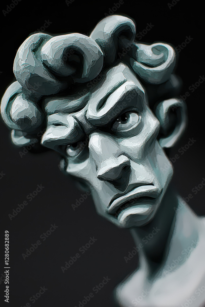 Poster an intricate expression captured in sculpture: a striking portrait embodying emotion and character i