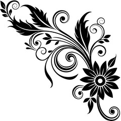 Abstract floral design element. A black and white vector illustration of an elegant floral corner ornament.