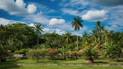 Obraz premium Lush tropical garden with tall palm trees and vibrant greenery under a partly cloudy blue sky creating a serene natural landscape scene