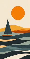 Fototapeta premium Minimalistic Sailboat On Abstract Ocean Waves With Bold Orange Sun And Rolling Hills