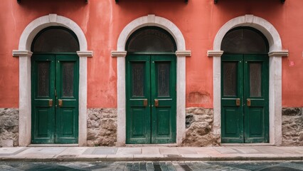 Fototapeta premium Charming facade of three green arched doors on peach wall with stone base, set against cobblestone street, featuring soft natural lighting.