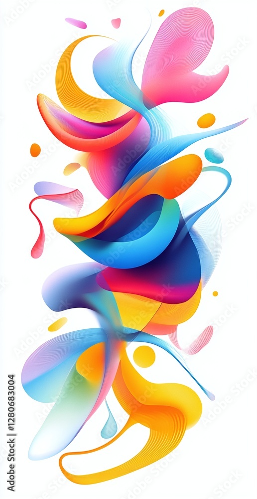 Poster vibrant abstract flowing gradient shapes with dynamic colorful strokes on white background design