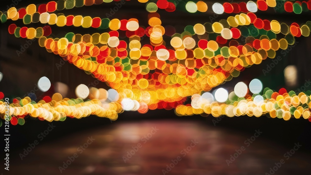 Poster vibrant abstract christmas backdrop with colorful bokeh lights in red, green, and yellow creating a 