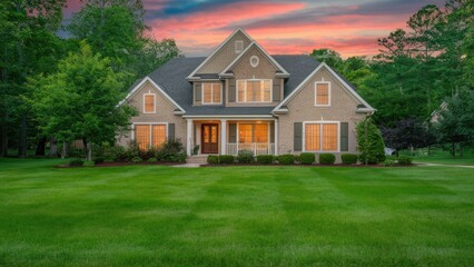 Obraz premium Lush green lawn with striped patterns in the foreground, elegant house with warm-lit windows, vibrant sunset sky in the background, nature setting