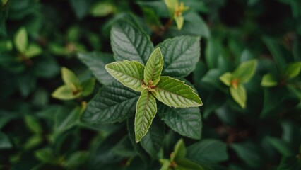 Macro shot of vibrant green leaves with prominent textures and shallow depth of field arranged in the foreground against a blurred lush background