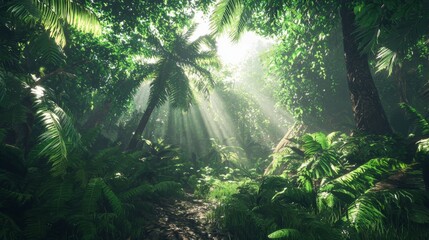 Lush Green Jungle with Sunlight Filtering Through Dense Foliage and Tropical Plants in a Serene Natural Setting