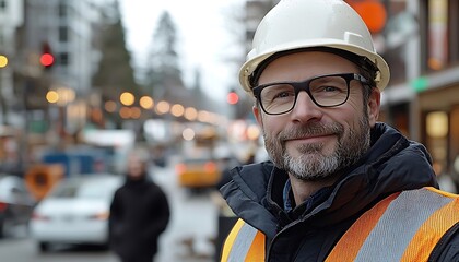 Construction worker smiles at city street.  Possible use Stock photo for construction industry, safety, and urban settings