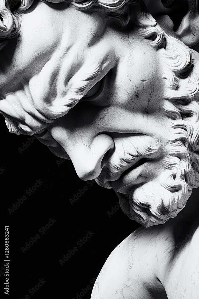 Poster exploring the depth of emotion in marble sculpture: a captivating close-up of classical art that emb