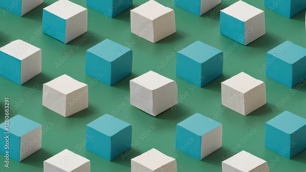 Poster colorful geometric cubes arranged in a patterned grid on a green background, featuring alternating l