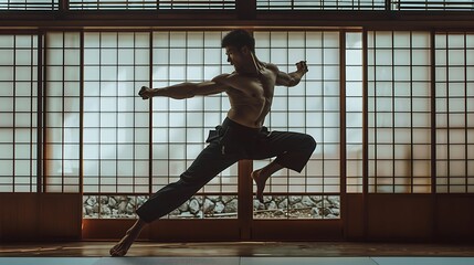 Fototapeta premium Powerful Athletic Man Practicing Martial Arts, Kung Fu, or Karate in Traditional Dojo