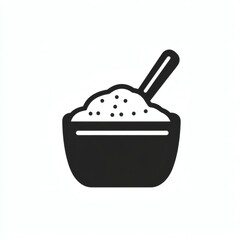 Black and white illustration of a bowl of rice with spoon on a simple background