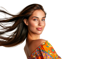 A Vibrant Woman with Long Hair Posed on Transparent Background, PNG